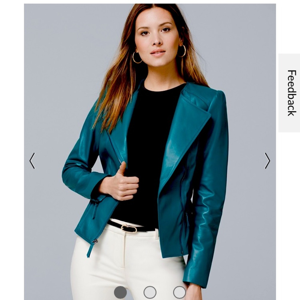 White House Black Market WHBM Teal Peplum Leather Moto Jacket Small